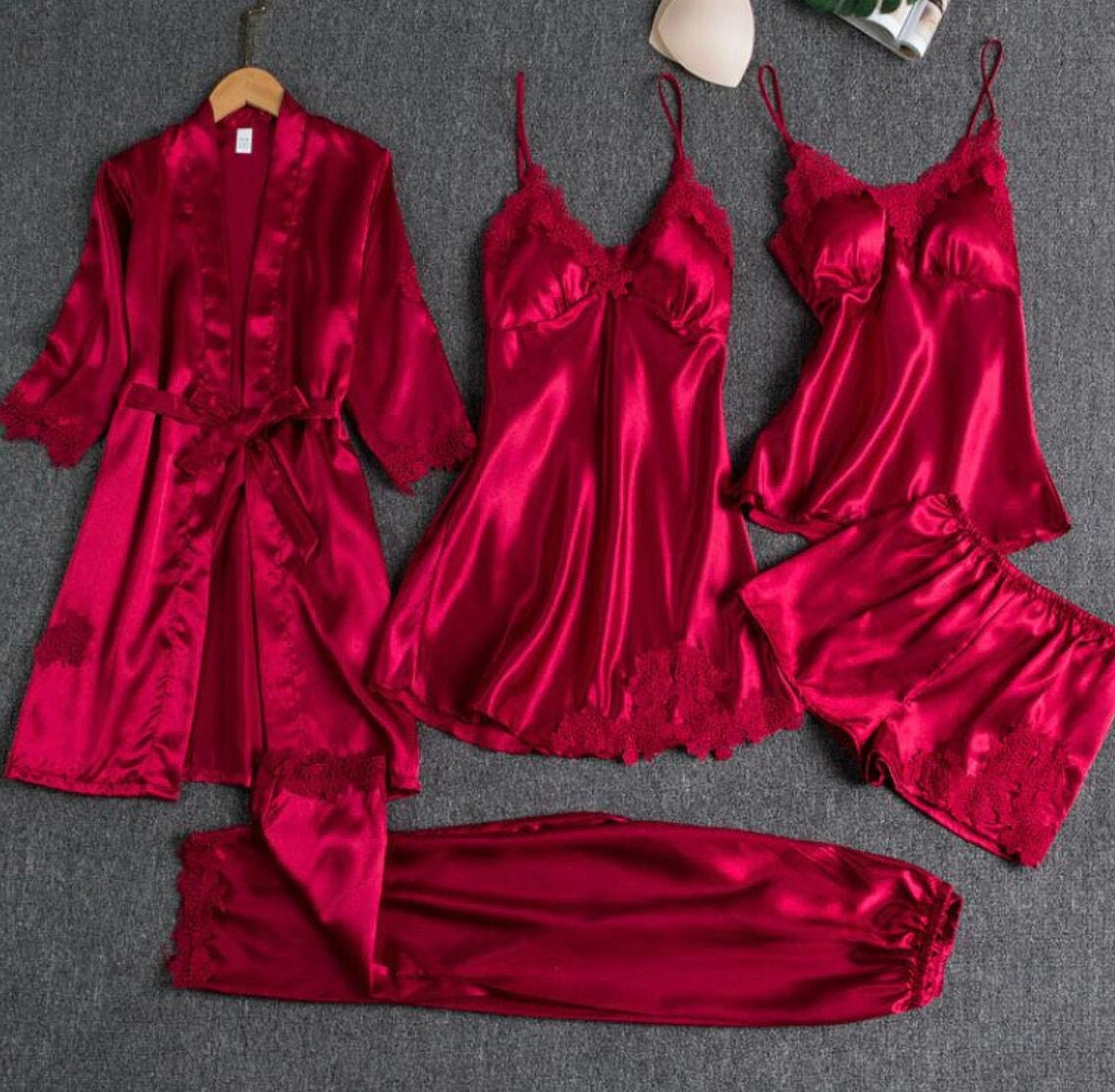 Red Satin Pyjamas 5 Piece Night Set Red Satin Dress Lace Robe