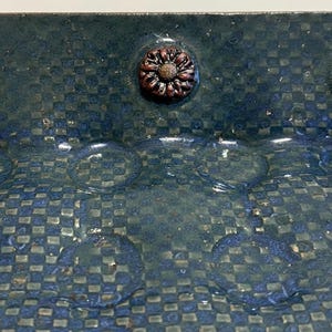 Handmade 18 Egg Ceramic Tray, Dark Blue Glaze, Checkered Texture, Floral Accents