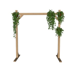 Op de afbeelding: Een houten boog versierd met hangende potplanten. De boog is gemaakt van natuurlijk hout en heeft een eenvoudig ontwerp. De planten zijn groen en bladrijk, wat een vleugje natuur aan de boog toevoegt.