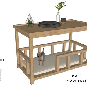 May include: A wooden dog kennel with a raised platform and a small dog standing inside. The kennel has a light wood finish and a beige cushion. The platform has a black tray and a small glass terrarium with a plant inside.