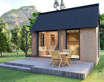 Tiny House Plans 20x8, Small Cabin Floor Plans with loft. Airbnb house plan, PDF blueprint plans, Weekend house plans + HD printible Photos