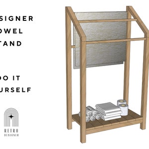 May include: A wooden towel stand with a shelf and two bars for hanging towels. The stand is made of natural wood and has a rustic look. The text "DESIGNER TOWEL STAND DO IT YOURSELF" is visible on the left side of the image.