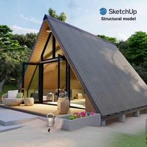 A Frame House + Structural 3D model Sketch-Up , Modern A Frame House Plan, 22&#39;x24&#39; Cabin, Floor Plans ,2 Floor , Kitchen PDF instructions