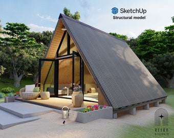 A Frame House + Structural 3D model Sketch-Up , Modern A Frame House Plan, 22&#39;x24&#39; Cabin, Floor Plans ,2 Floor , Kitchen PDF instructions