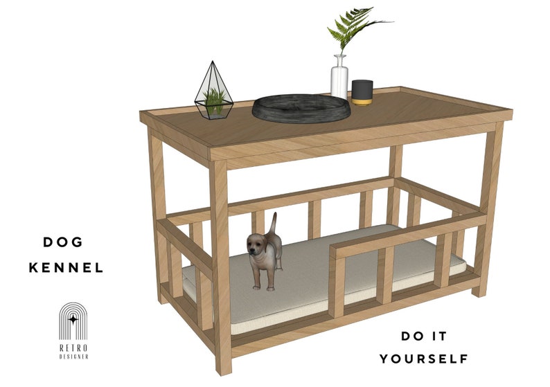 Dog Kennel DIY Plans Dog House Dog Crate Furnitures PDFPet HouseWooden Elevated Dog Bed Plan Bedside/Sofa Side Table with Dog Lounge image 1