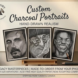 May include: Three framed charcoal portraits of people with detailed facial features. The portraits are displayed on a small wooden easel. The text reads "Custom Charcoal Portraits, Hand-Drawn Realism" and "Art Story Toronto, Canada."