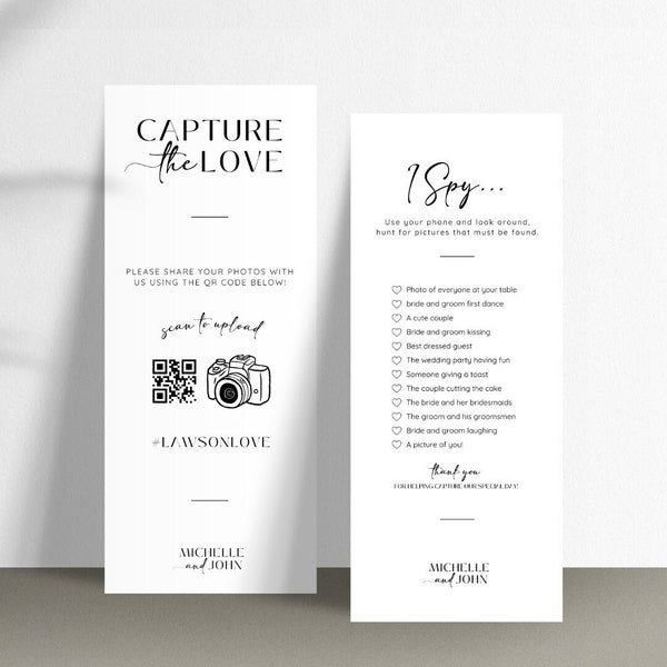 I Spy Wedding Game Capture the Love Blow Up Phones Sign Photo Scavenger Hunt QR Code Canva Wedding Table Games For Wedding Reception Games