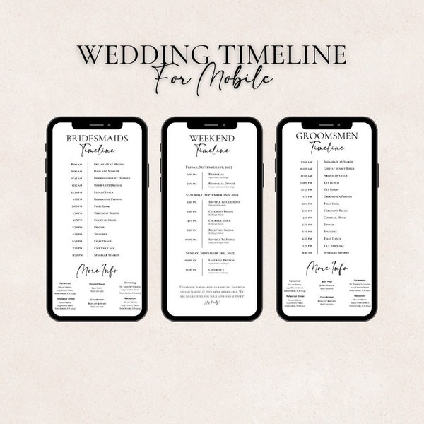 Modèle mobile de chronologie du jour du mariage Chronologie du mariage modifiable Chronologie de la réception Chronologie du week-end de mariage Chronologie de la fête nuptiale Mariage