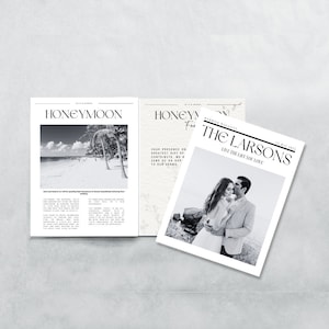 Könnte beinhalten: Ein Schwarzweiß-Hochzeitsmagazin-Cover mit dem Text "The Larsons Live the Life You Love" und einem Foto eines sich umarmenden Paares.