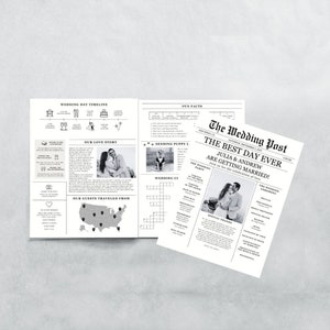 Newspaper Wedding Program Template, Editable Wedding Newspaper Program, Printable Wedding Infographic, Folded Wedding Day Program, Crossword image 1