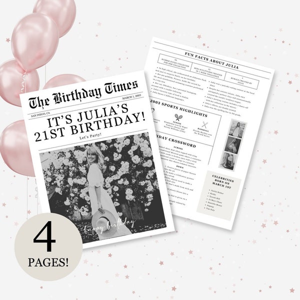 Editable Birthday Newspaper Template, Foldable Birthday Infographic Poster, Birthday Invitation with Fun Facts and Crossword for Any Year