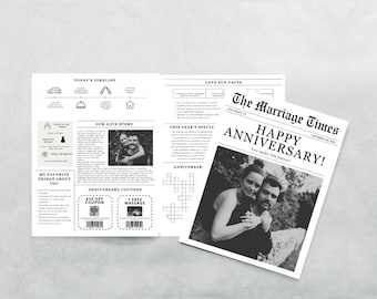 Modello pieghevole per giornale dell'anniversario, poster stampabile per l'anniversario di matrimonio, infografica per l'anniversario con fatti divertenti e cruciverba