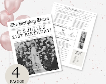 Plantilla editable de periódico de cumpleaños, póster infográfico de cumpleaños plegable, invitación de cumpleaños con datos curiosos y crucigramas para cualquier año