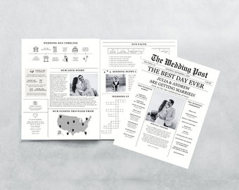 Zeitungs-Hochzeitsprogramm-Vorlage, bearbeitbares Hochzeitszeitungspapierprogramm, druckbare Hochzeitsinfografik, gefaltetes Hochzeitstagsprogramm, Kreuzworträtsel