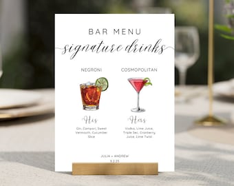 Letrero de bebida exclusivo, letrero de cóctel exclusivo, menú de barra libre, plantilla de bebida exclusiva, menú de bar de bodas, menú de cócteles, bebidas para él y para ella
