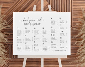 Plantilla de gráfico de asientos alfabético, gráfico de asientos de boda, boda de gráfico de asientos minimalista, signo de gráfico de asientos alfabetizado editable