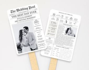 Plantilla de abanico del programa de bodas de periódico, programa de periódico de bodas editable, abanico de infografías de bodas, programa del día de la boda doblado, crucigrama
