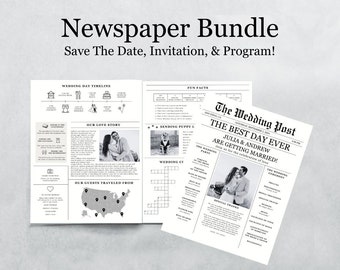 Paquete de plantillas de boda de periódico, invitación editable al programa de periódico de boda y guardar la fecha, paquete de boda de periódico e impresión de conjunto