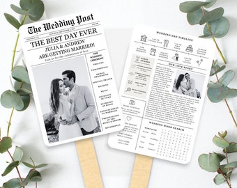 Newspaper Wedding Program Fan Template, Wedding Newspaper Program Fan, Wedding Infographic, Wedding Program Double Sided Fan, Crossword