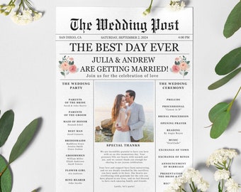 Zeitungs-Hochzeitsprogrammvorlage, bearbeitbares Hochzeitszeitungspapierprogramm, druckbare Hochzeitsinfografik, gefaltetes Hochzeitstagsprogramm, Herunterladen