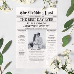 Newspaper Wedding Program Template, Editable Wedding Newspaper Program, Printable Wedding Infographic, Folded Wedding Day Program, Download