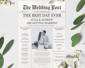 Newspaper Wedding Program Template, Editable Wedding Newspaper Program, Printable Wedding Infographic, Folded Wedding Day Program, Download