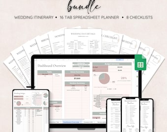 Paquete de planificador de bodas, plantilla de cronograma del día de la boda para dispositivos móviles, paquete de lista de verificación de bodas, cronograma de bodas editable, hoja de cálculo de presupuesto de bodas