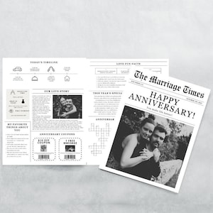 Modello pieghevole per giornale dell'anniversario, poster stampabile per l'anniversario di matrimonio, infografica per l'anniversario con fatti divertenti e cruciverba