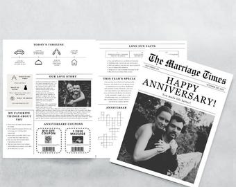 Foldable Anniversary Newspaper Template, Printable Wedding Anniversary Poster, Infographic for Anniversary With Fun Facts and Crossword