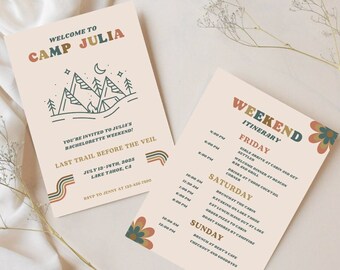Plantilla de itinerario de despedida de soltera de campamento, invitación del último camino antes del velo, plantilla de itinerario de despedida de soltera de campamento editable