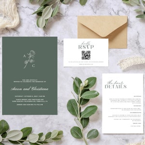 May include: A green wedding invitation with a floral design and the text "You are joyfully invited to celebrate the marriage of Aaron and Christiana" and "Saturday October 4, 2023 3:00 PM" and "Ponte Winery and Vineyard Inn 35001 Rancho California Rd, Temecula, CA" and "Dinner and Dancing to follow". A white RSVP card with a QR code and the text "kindly RSVP" and "Please scan the QR code to RSVP to our wedding website www.johnwedding.com". A white card with the text "The finer details" and "Join us for an evening of dinner and dancing to celebrate our marriage. The ceremony will be followed by a cocktail hour and a formal dinner at 6:00 PM." and "Transportation to and from the venue will be provided for our guests." and "A block of rooms at "Ponte Winery Inn" has been reserved for our guests. Please use "Christiana" as the code for the website at www.johnwedding.com".