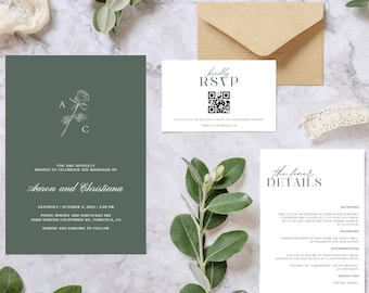 Faire-part de mariage minimaliste Détails du modèle de mariage moderne et code QR Modèle modifiable simple pour faire-part de mariage Téléchargement immédiat