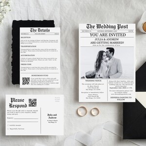 May include: Black and white wedding invitation with a newspaper design. The invitation features a photo of the couple, the wedding date, and the ceremony and reception locations. The text "You are invited" is printed in bold letters at the top of the invitation.