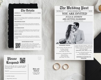 Wedding Newspaper Invitation Template, Editable Newspaper Template, Printable Wedding Inforgraphic, QR Code Invite, Wedding Details Card