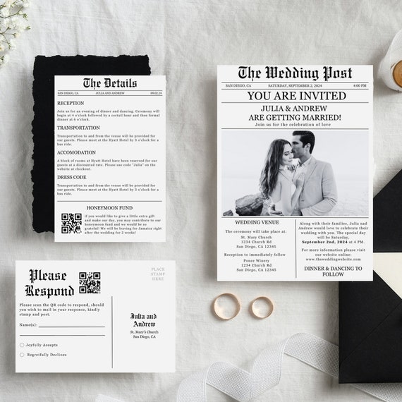 Wedding Newspaper Invitation Template, Editable Newspaper Template, Printable Wedding Inforgraphic, QR Code Invite, Wedding Details Card