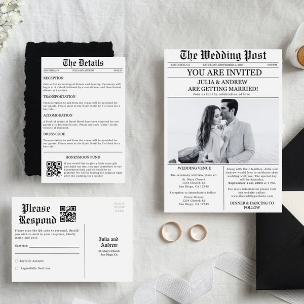 Wedding Newspaper Invitation Template, Editable Newspaper Template, Printable Wedding Inforgraphic, QR Code Invite, Wedding Details Card