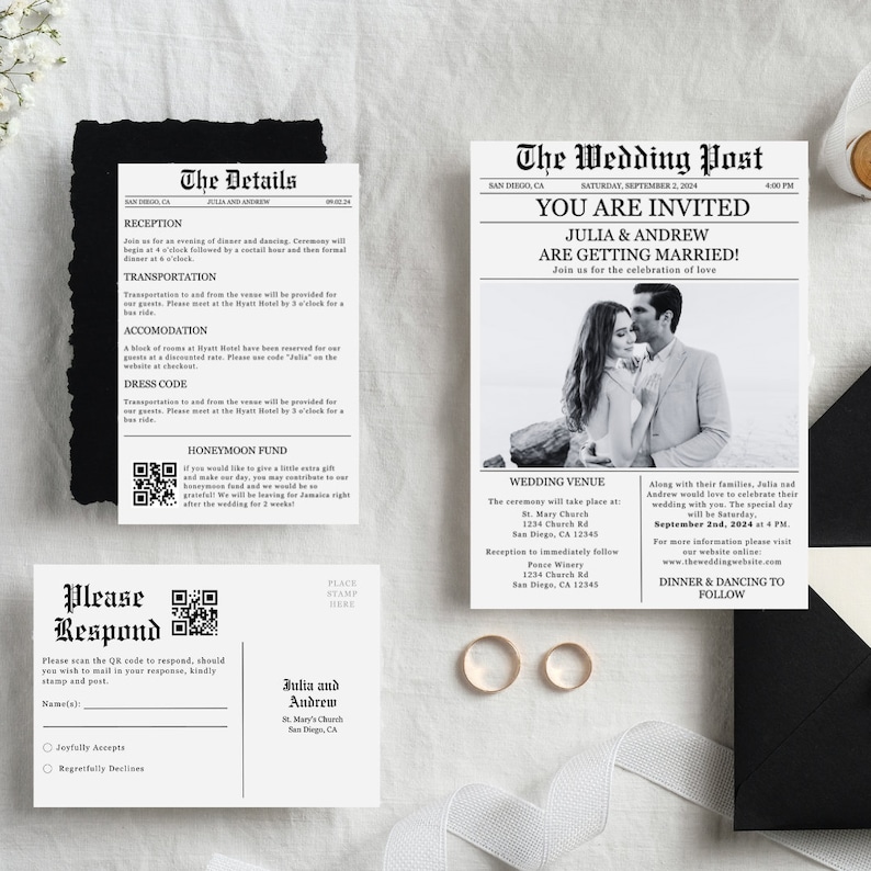 May include: Black and white wedding invitation with a newspaper design. The invitation features a photo of the couple, the wedding date, and the ceremony and reception locations. The text "You are invited" is printed in bold letters at the top of the invitation.