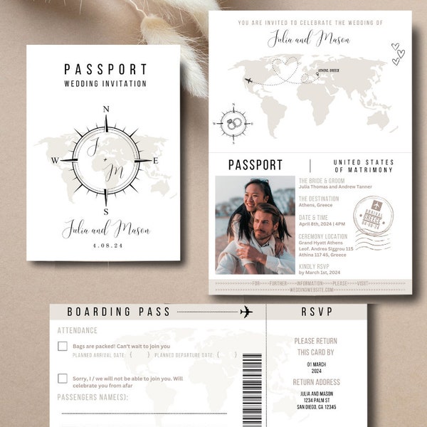 Passport Invitation Template, Destination Wedding Invitation, Printable Passport Template Editable Passport Invites Boarding Pass Invitation