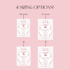 May include: Pink invitation cards with a cherry and bow design, available in four sizes: 4x6 inches, 5x7 inches, A6, and A5. The text "4 SIZING OPTIONS!" is at the top. The invitation reads "Galantine's Party".