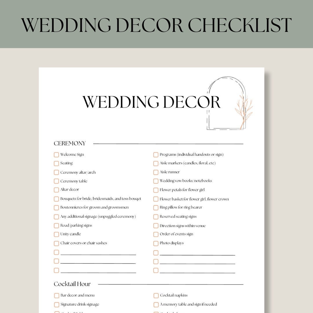 Wedding Decor Checklist Printable Wedding Checklist Template - Etsy