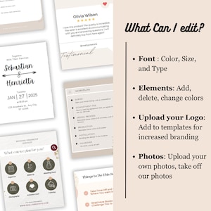 May include: A collection of digital templates for wedding planning and design services. The templates include options for invitations, workflows, testimonials, and more. Text on the image includes "What Can I edit?" and "Upload your Logo".