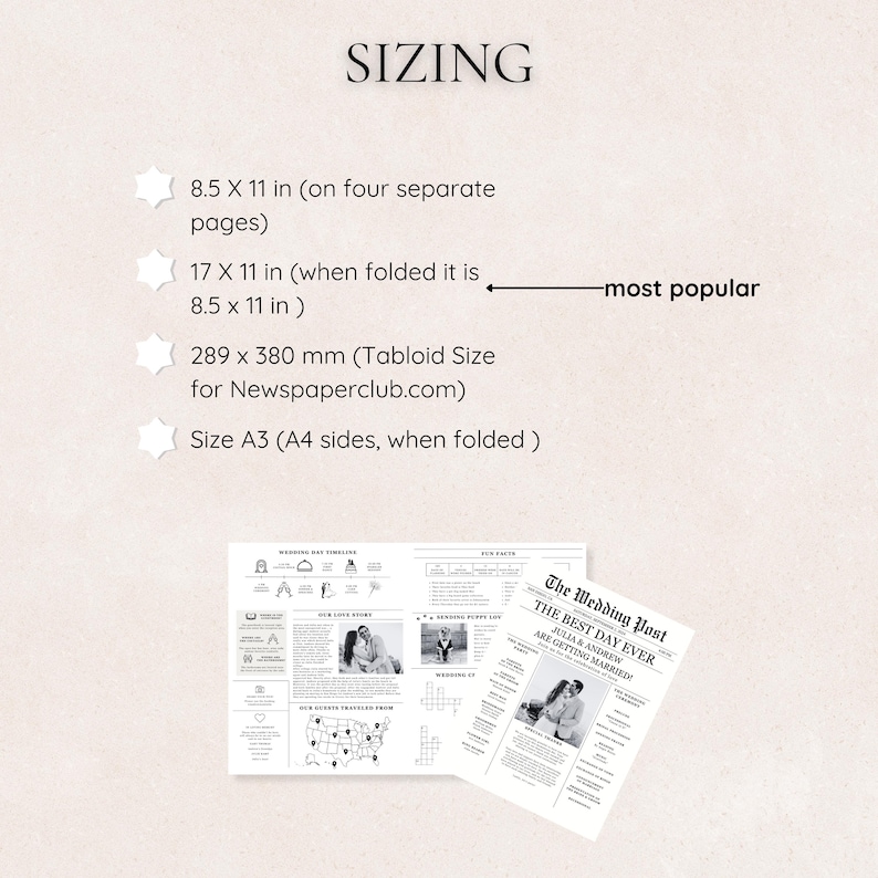 May include: A wedding newspaper design with the headline "The Wedding Post" and the text "The Best Day Ever." The sizing information is displayed, including 8.5 x 11 inches and 17 x 11 inches when folded. The design includes wedding-related graphics.