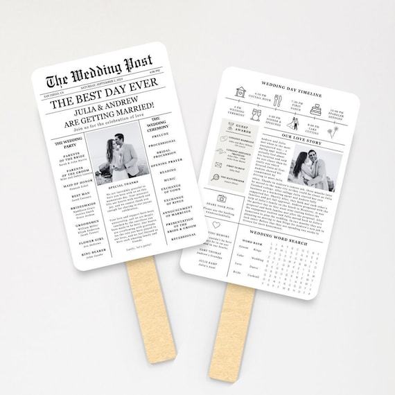 Newspaper Wedding Program Fan Template, Wedding Newspaper Program Fan, Wedding Infographic, Wedding Program Double Sided Fan, Crossword