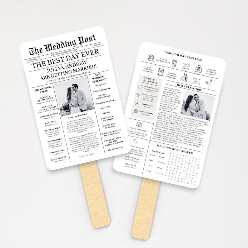 May include: Black and white wedding program fan with a newspaper design. The front features a photo of the couple and the wedding party details. The back includes a wedding timeline, a love story, and a word search puzzle.