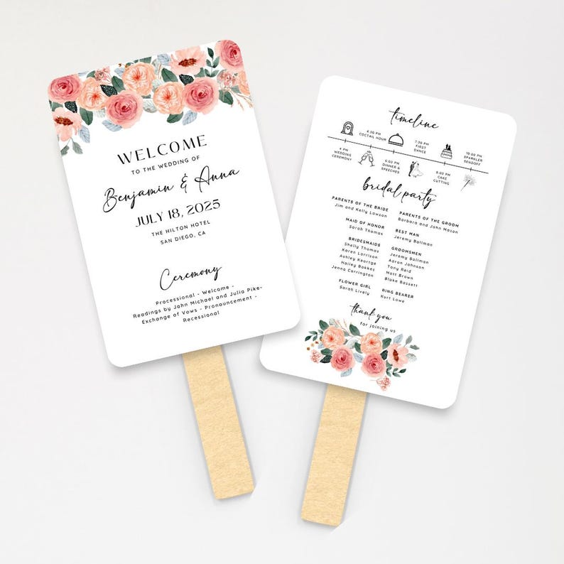 Floral Wedding Program Fan Template Wedding Fans With Wedding Timeline ...