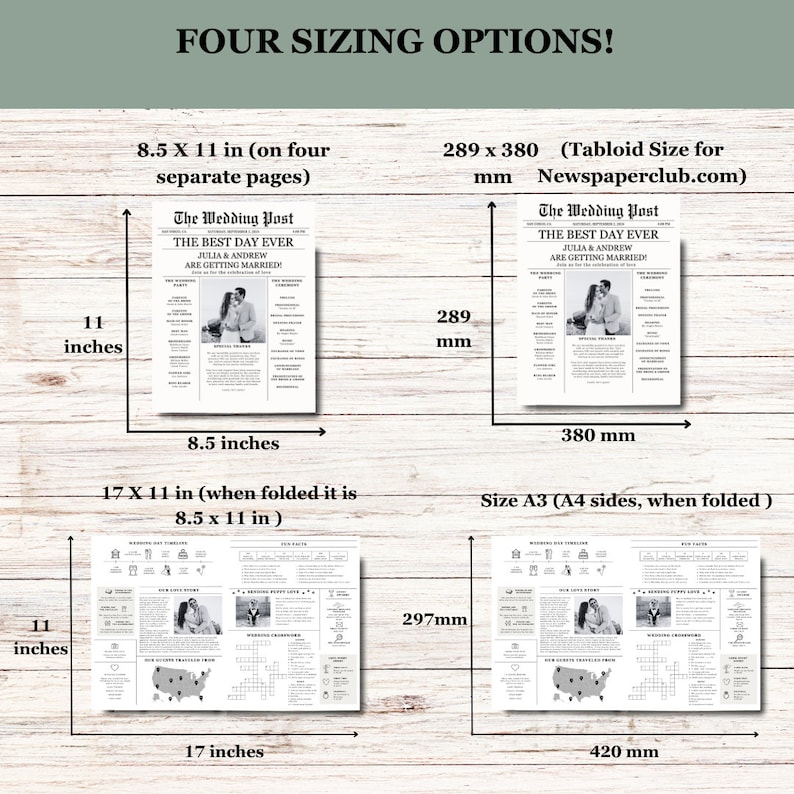 Newspaper Wedding Program Template, Editable Wedding Newspaper Program, Printable Wedding Infographic, Folded Wedding Day Program, Crossword image 4