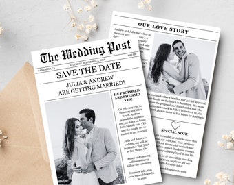 Wedding Newspaper Save The Date Template, Editable Newspaper Template, Printable Wedding Infographic, Newspaper Wedding Instant Download