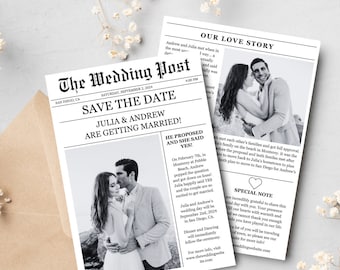 Wedding Newspaper Save The Date Template, Editable Newspaper Template, Printable Wedding Infographic, Newspaper Wedding Instant Download