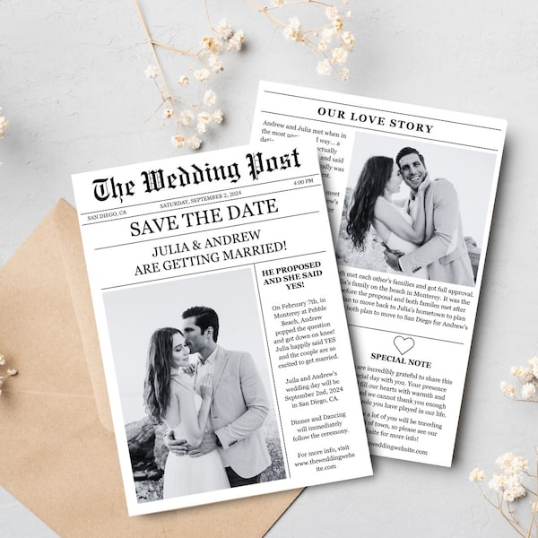 Wedding Newspaper Save The Date Template, Editable Newspaper Template, Printable Wedding Infographic, Newspaper Wedding Instant Download