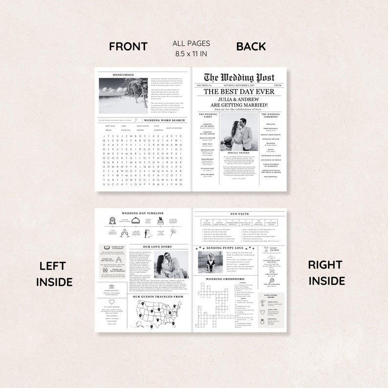 May include: A wedding newspaper with the headline "The Best Day Ever." The newspaper is 8.5 x 11 inches and features articles, photos, and a word search. The front and back pages are visible, along with the left and right inside pages.
